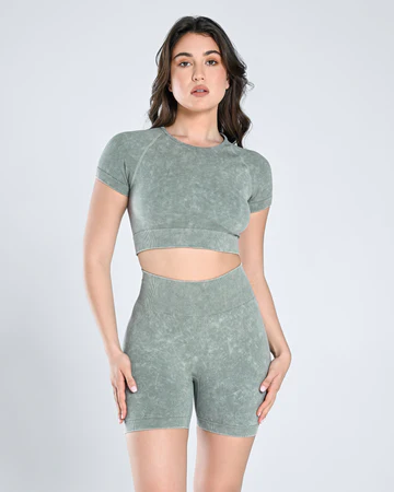 Seamless Acid Wash Gym Shorts Set
